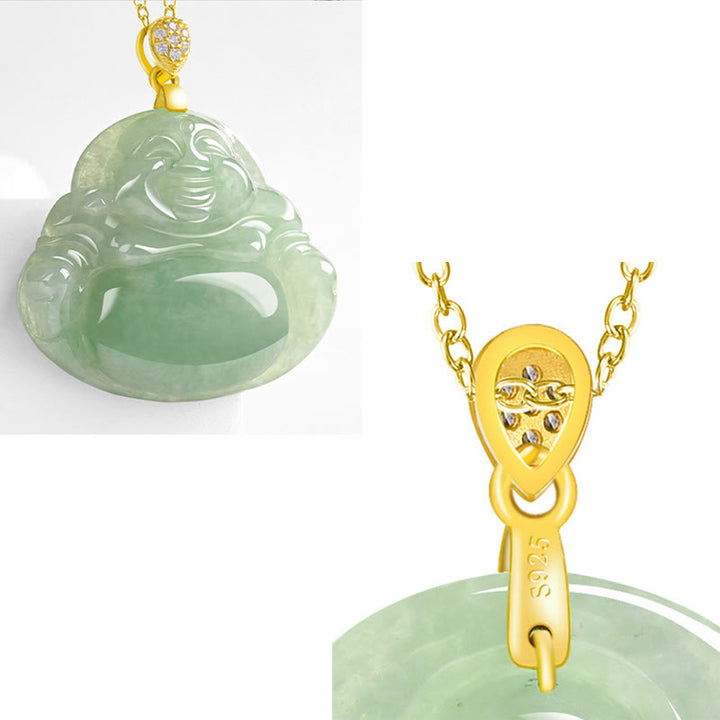 Collana con ciondolo a Buddha Stones con ciondolo a forma di Buddha sorridente in argento sterling 925, giada naturale, portafortuna e prosperità - image 10