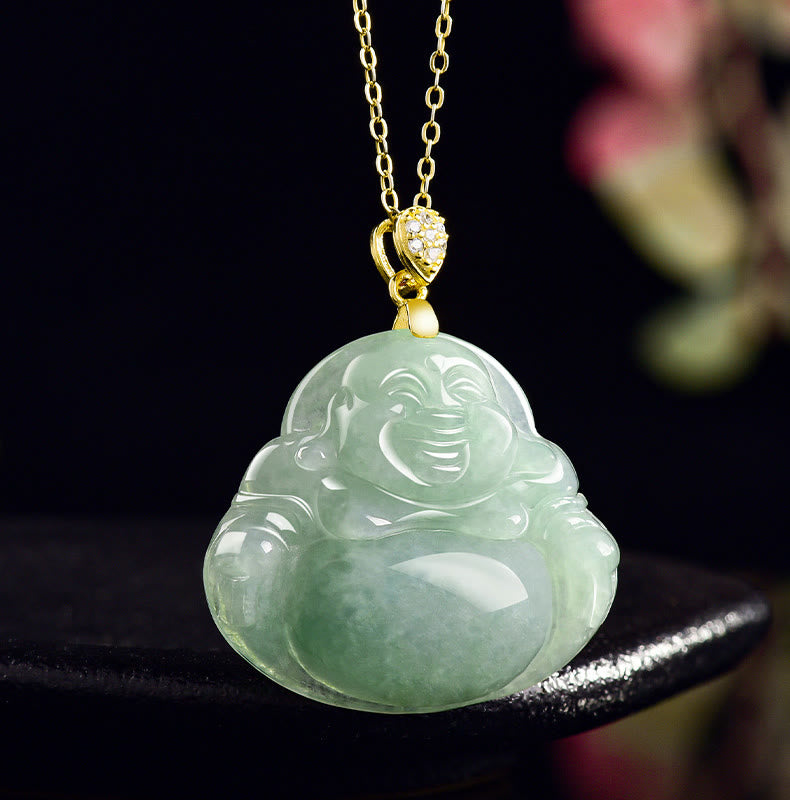 Collana con ciondolo a Buddha Stones con ciondolo a forma di Buddha sorridente in argento sterling 925, giada naturale, portafortuna e prosperità - image 2