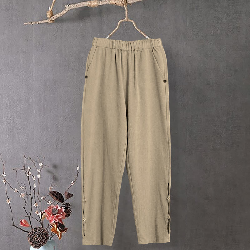Pantaloni da donna in cotone e lino con tasche, modello Buddha Stones, casual, colore puro, con polsini e bottoni cavi - PaleGoldenrod - US14, UK/AU18, EU46 (3XL) - image 1