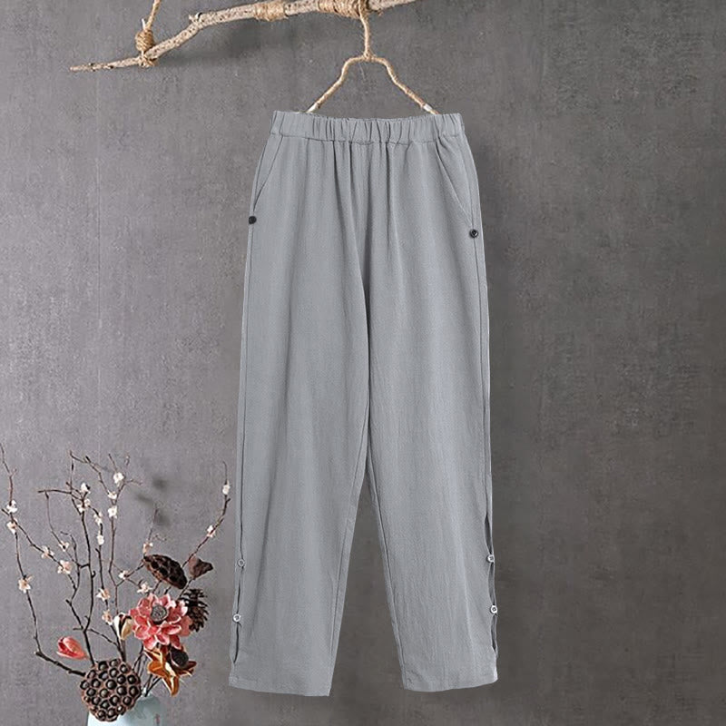 Pantaloni da donna in cotone e lino con tasche, modello Buddha Stones, casual, colore puro, con polsini e bottoni cavi - Argento - US14, UK/AU18, EU46 (3XL) - image 22