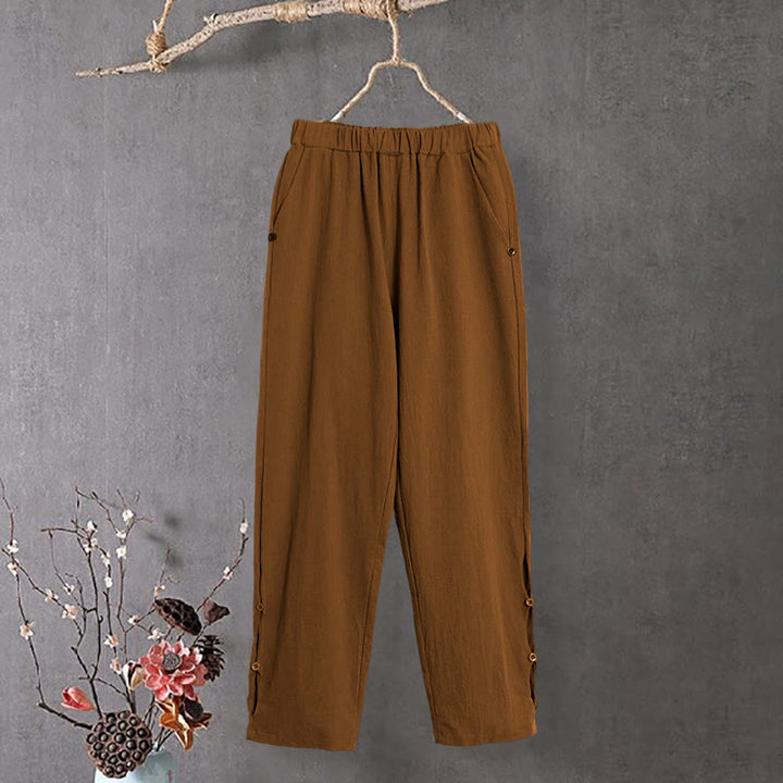 Pantaloni da donna in cotone e lino con tasche, modello Buddha Stones, casual, colore puro, con polsini e bottoni cavi - DarkGoldenrod - US14, UK/AU18, EU46 (3XL) - image 7