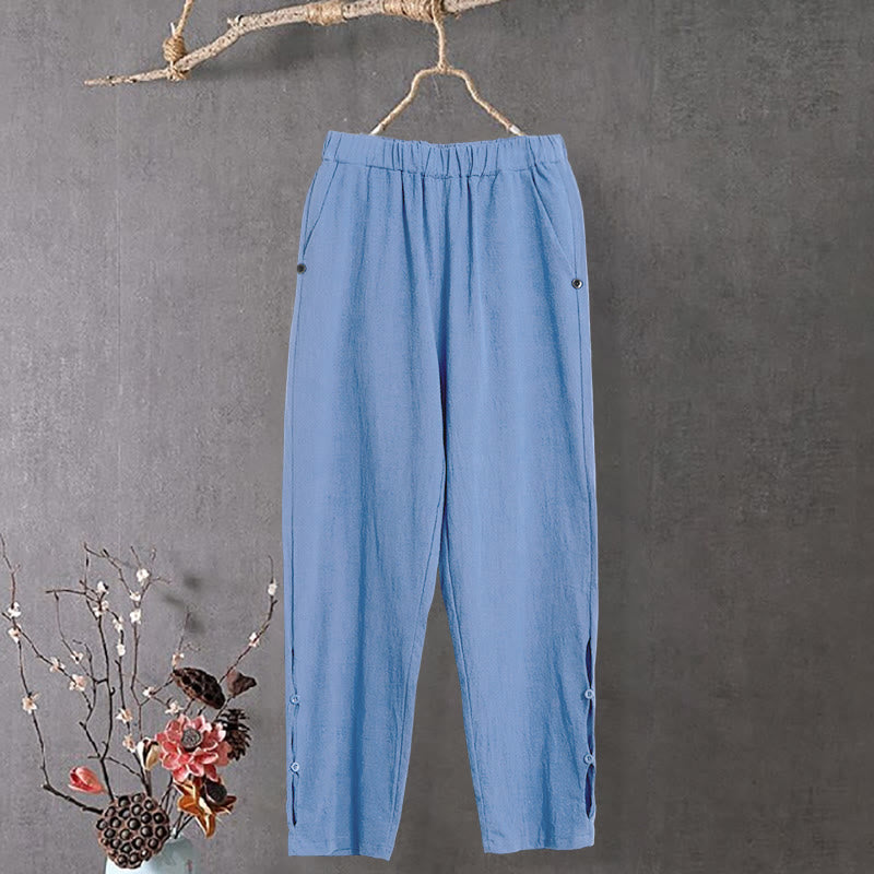 Pantaloni da donna in cotone e lino con tasche, modello Buddha Stones, casual, colore puro, con polsini e bottoni cavi - Blu fiordaliso - US14, UK/AU18, EU46 (3XL) - image 16
