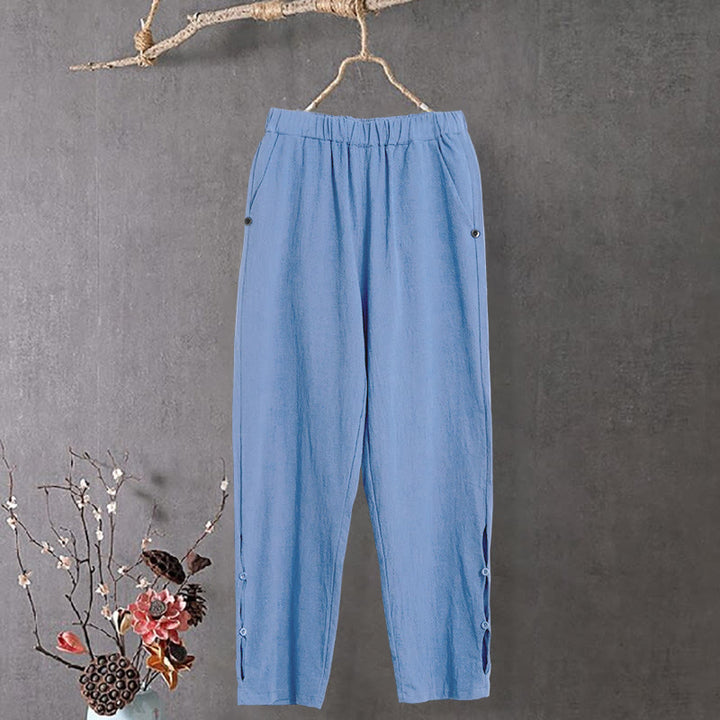 Pantaloni da donna in cotone e lino con tasche, modello Buddha Stones, casual, colore puro, con polsini e bottoni cavi - Blu fiordaliso - US14, UK/AU18, EU46 (3XL) - image 16