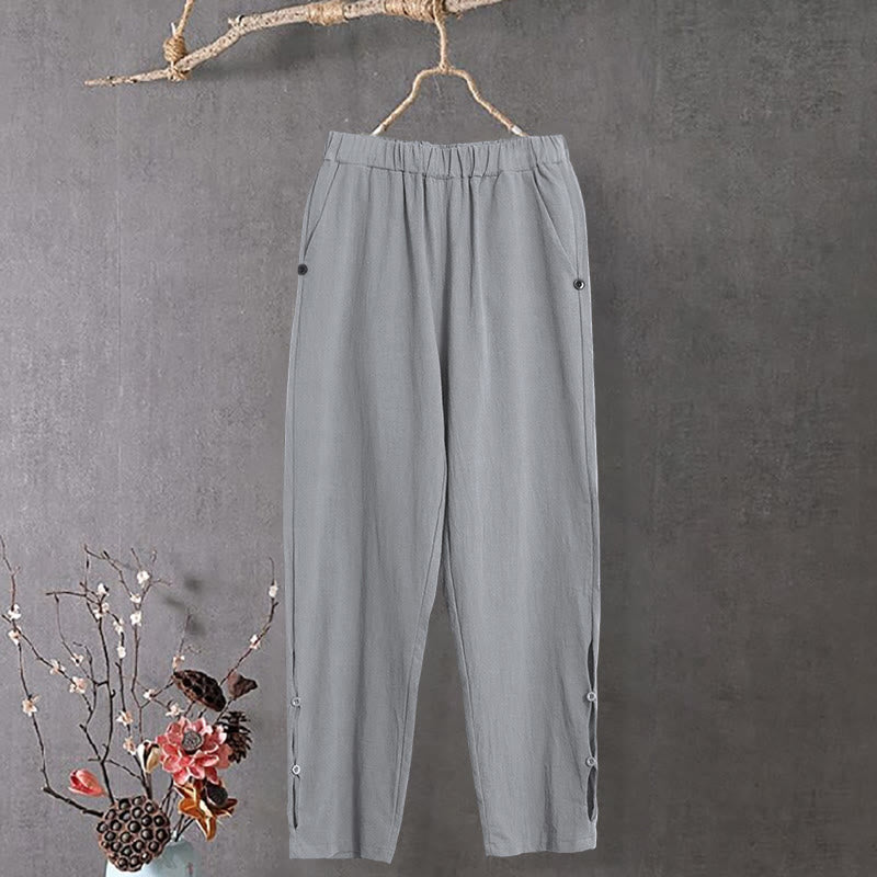 Pantaloni da donna in cotone e lino con tasche, modello Buddha Stones, casual, colore puro, con polsini e bottoni cavi - image 21