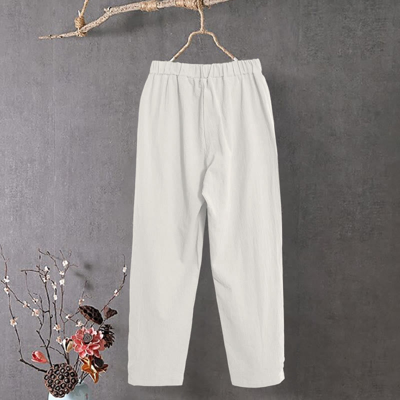 Pantaloni da donna in cotone e lino con tasche, modello Buddha Stones, casual, colore puro, con polsini e bottoni cavi - image 11