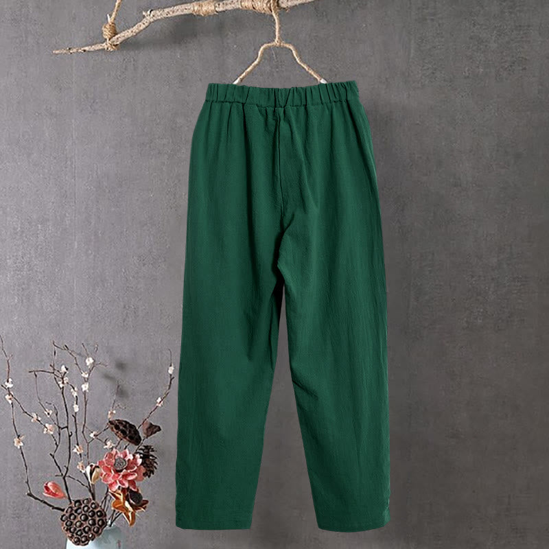 Pantaloni da donna in cotone e lino con tasche, modello Buddha Stones, casual, colore puro, con polsini e bottoni cavi - image 20