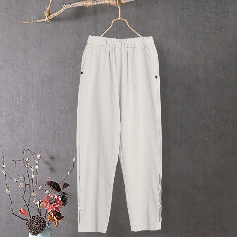 Pantaloni da donna in cotone e lino con tasche, modello Buddha Stones, casual, colore puro, con polsini e bottoni cavi - image 9
