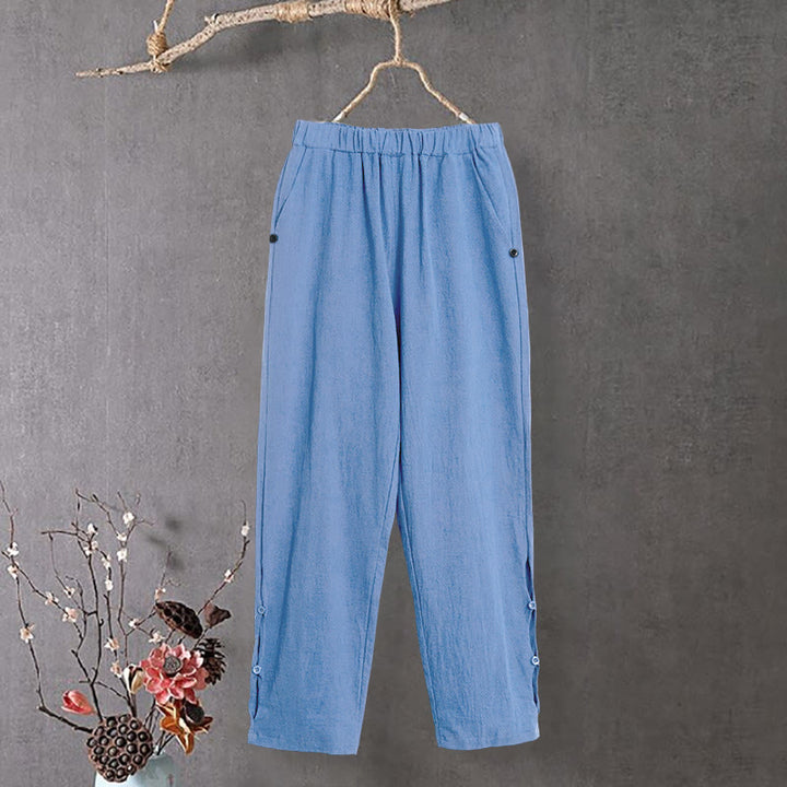 Pantaloni da donna in cotone e lino con tasche, modello Buddha Stones, casual, colore puro, con polsini e bottoni cavi - image 15