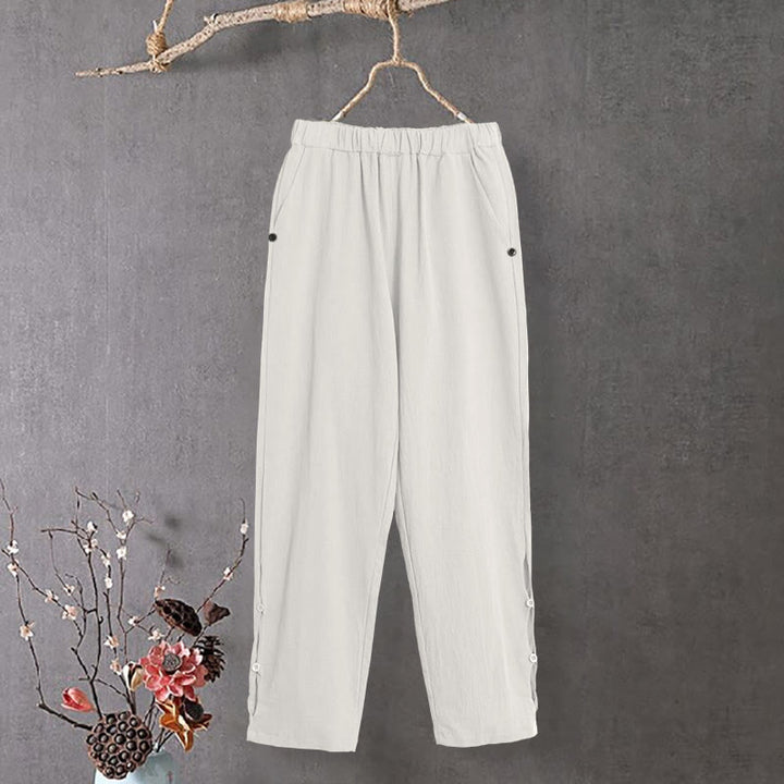 Pantaloni da donna in cotone e lino con tasche, modello Buddha Stones, casual, colore puro, con polsini e bottoni cavi - Bianco - US14, UK/AU18, EU46 (3XL) - image 10