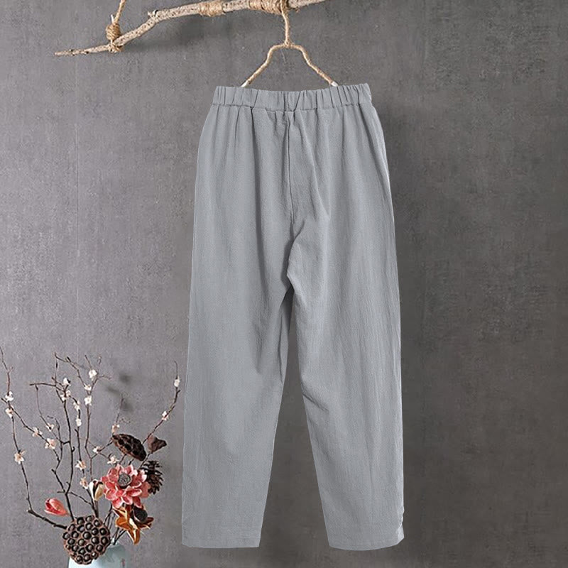 Pantaloni da donna in cotone e lino con tasche, modello Buddha Stones, casual, colore puro, con polsini e bottoni cavi - image 23