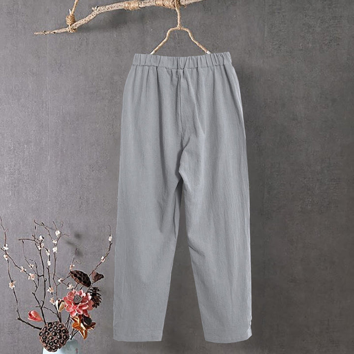 Pantaloni da donna in cotone e lino con tasche, modello Buddha Stones, casual, colore puro, con polsini e bottoni cavi - image 23