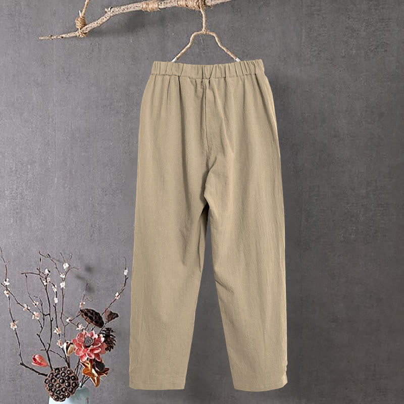 Pantaloni da donna in cotone e lino con tasche, modello Buddha Stones, casual, colore puro, con polsini e bottoni cavi - image 2