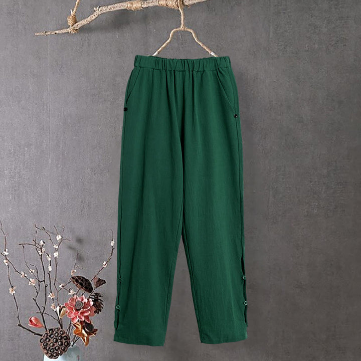 Pantaloni da donna in cotone e lino con tasche, modello Buddha Stones, casual, colore puro, con polsini e bottoni cavi - Verde - US14, UK/AU18, EU46 (3XL) - image 19