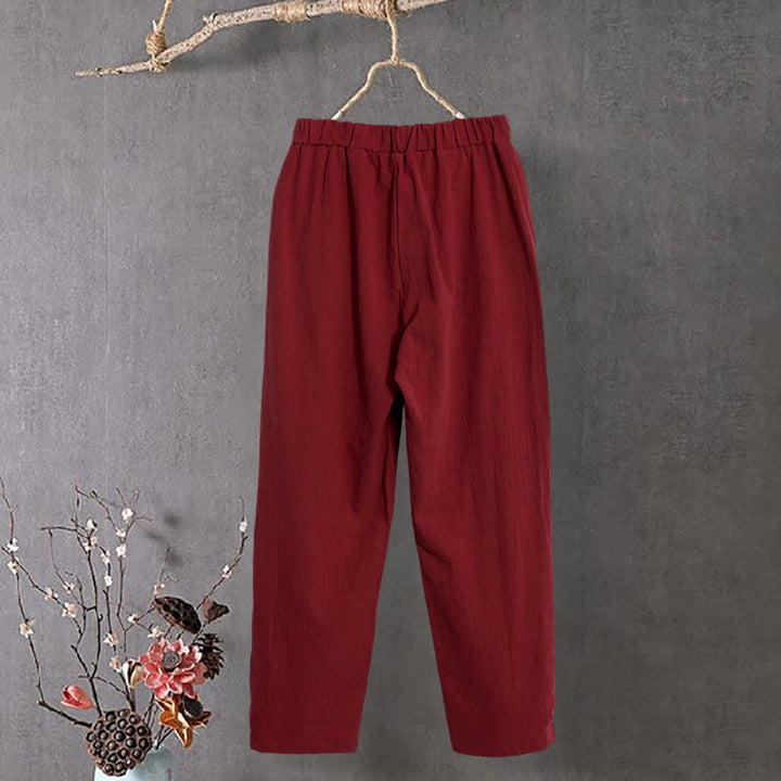 Pantaloni da donna in cotone e lino con tasche, modello Buddha Stones, casual, colore puro, con polsini e bottoni cavi - image 14