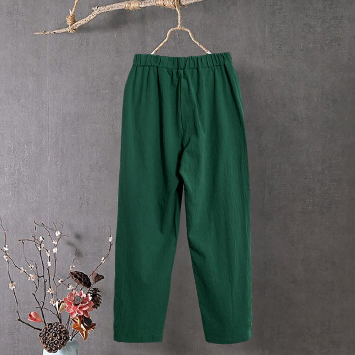 Pantaloni da donna in cotone e lino con tasche, modello Buddha Stones, casual, colore puro, con polsini e bottoni cavi - image 20