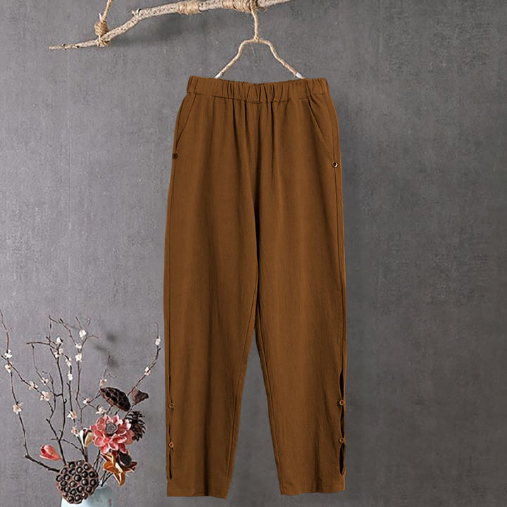 Pantaloni da donna in cotone e lino con tasche, modello Buddha Stones, casual, colore puro, con polsini e bottoni cavi - image 6