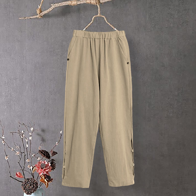 Pantaloni da donna in cotone e lino con tasche, modello Buddha Stones, casual, colore puro, con polsini e bottoni cavi - image 0