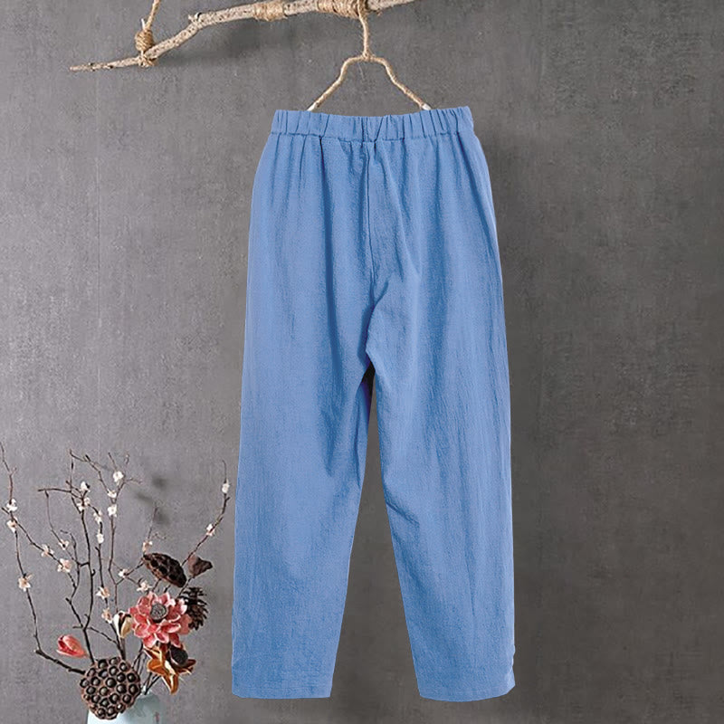 Pantaloni da donna in cotone e lino con tasche, modello Buddha Stones, casual, colore puro, con polsini e bottoni cavi - image 17
