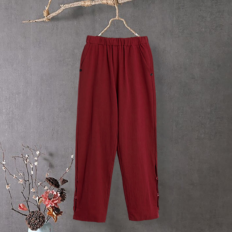 Pantaloni da donna in cotone e lino con tasche, modello Buddha Stones, casual, colore puro, con polsini e bottoni cavi - FireBrick - US14, UK/AU18, EU46 (3XL) - image 12