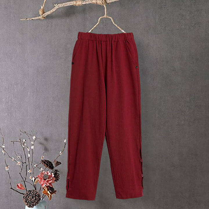 Pantaloni da donna in cotone e lino con tasche, modello Buddha Stones, casual, colore puro, con polsini e bottoni cavi - FireBrick - US14, UK/AU18, EU46 (3XL) - image 12