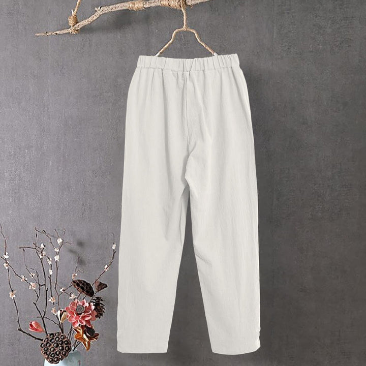 Pantaloni da donna in cotone e lino con tasche, modello Buddha Stones, casual, colore puro, con polsini e bottoni cavi - image 11