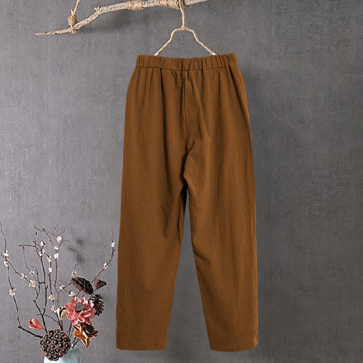 Pantaloni da donna in cotone e lino con tasche, modello Buddha Stones, casual, colore puro, con polsini e bottoni cavi - image 8