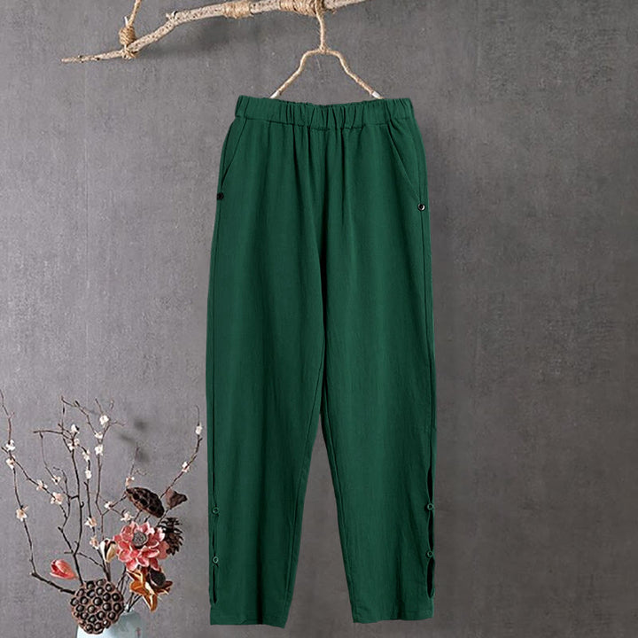 Pantaloni da donna in cotone e lino con tasche, modello Buddha Stones, casual, colore puro, con polsini e bottoni cavi - image 18
