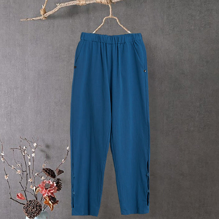 Pantaloni da donna in cotone e lino con tasche, modello Buddha Stones, casual, colore puro, con polsini e bottoni cavi - SteelBlue - US14, UK/AU18, EU46 (3XL) - image 25