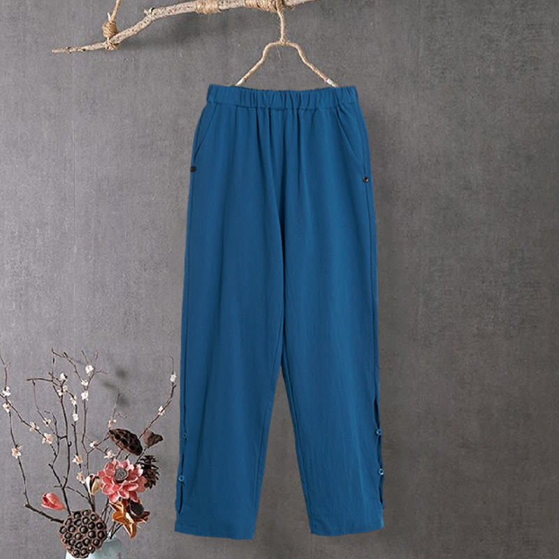 Pantaloni da donna in cotone e lino con tasche, modello Buddha Stones, casual, colore puro, con polsini e bottoni cavi - image 24