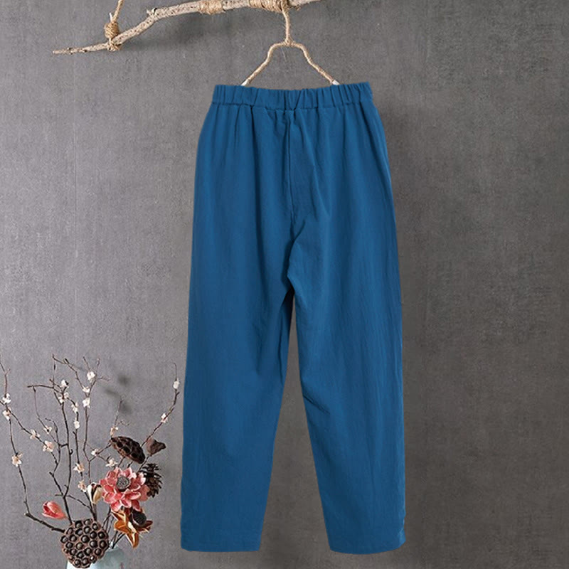 Pantaloni da donna in cotone e lino con tasche, modello Buddha Stones, casual, colore puro, con polsini e bottoni cavi - image 26