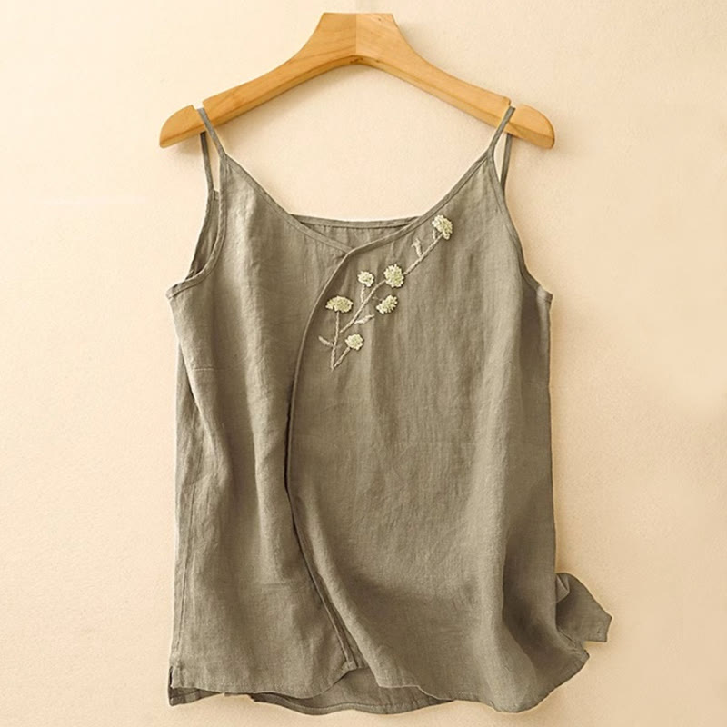 Gilet senza maniche in lino e cotone da donna con ricamo etnico e Buddha Stones, design asimmetrico - Verde oliva scuro - US14, UK/AU18, EU46 (4XL) - image 0