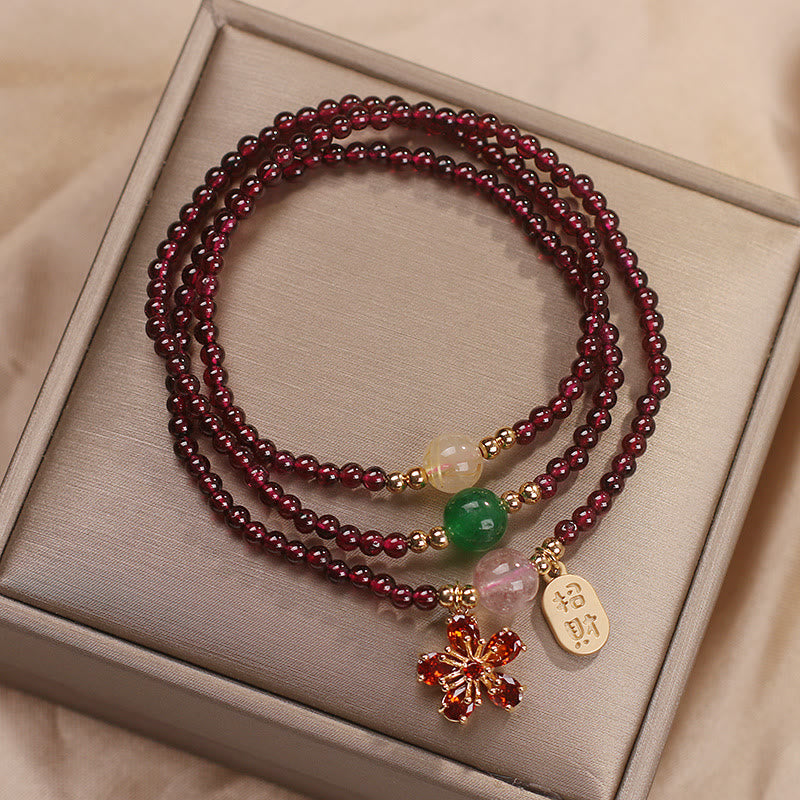 Bracciale multistrato con perle di granato ultrasottili naturali da 3 mm Buddha Stones, fiore di ciliegio, attrae fortuna e protezione