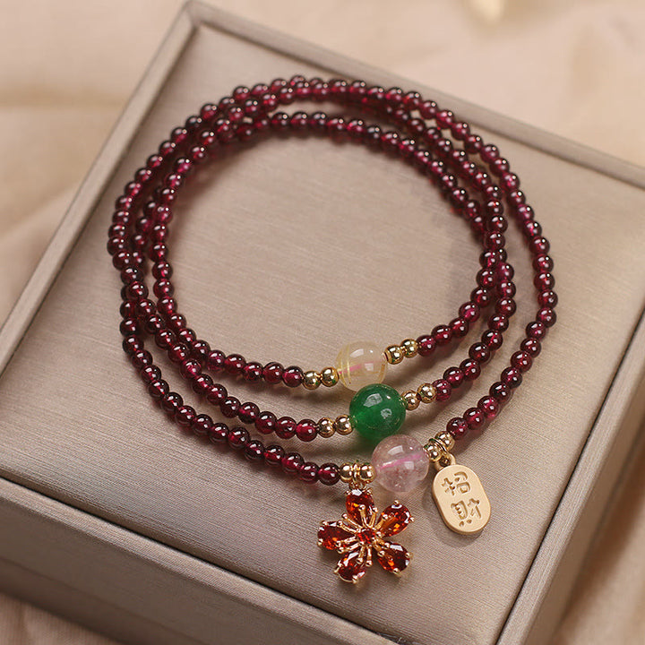 Bracciale multistrato con perle di granato ultrasottili naturali da 3 mm Buddha Stones, fiore di ciliegio, attrae fortuna e protezione