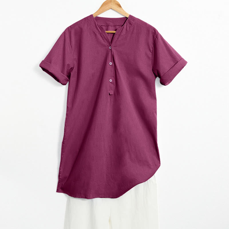 Buddha Stones Camicia da donna a maniche corte con colletto a punta e bottoni casual e semplici - Rosso viola medio - US20, UK/AU24, EU52 (5XL) - image 20