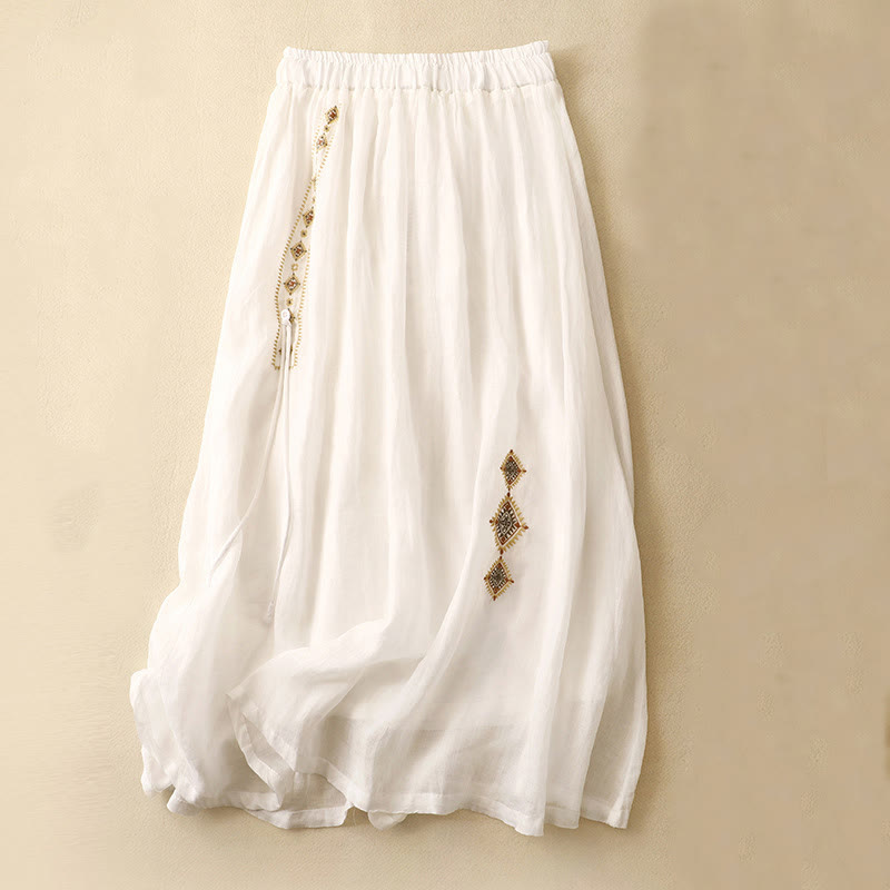 Gonna da donna in cotone e lino, lunghezza 7-8, con bottoni ricamati in stile etnico vintage Buddha Stones - Bianco - US8-10, UK/AU12-14, EU40-42 (2XL) - image 5