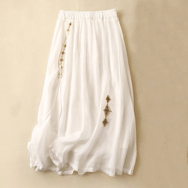 Gonna da donna in cotone e lino, lunghezza 7-8, con bottoni ricamati in stile etnico vintage Buddha Stones - Bianco - US8-10, UK/AU12-14, EU40-42 (2XL) - image 5