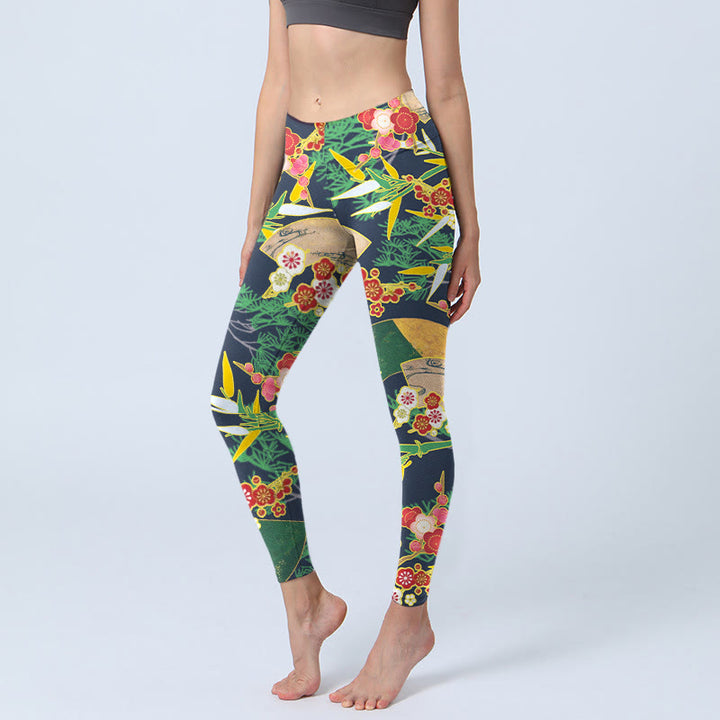 Leggings da palestra con stampa Buddha Stones, fiori rossi, bambù giallo-verde, pini, pantaloni da yoga da donna - Verdemare medio - US18, UK/AU22, EU50 (4XL) - image 0
