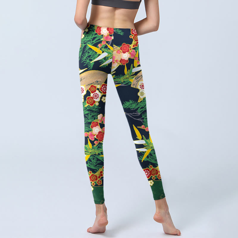 Leggings da palestra con stampa Buddha Stones, fiori rossi, bambù giallo-verde, pini, pantaloni da yoga da donna - image 7