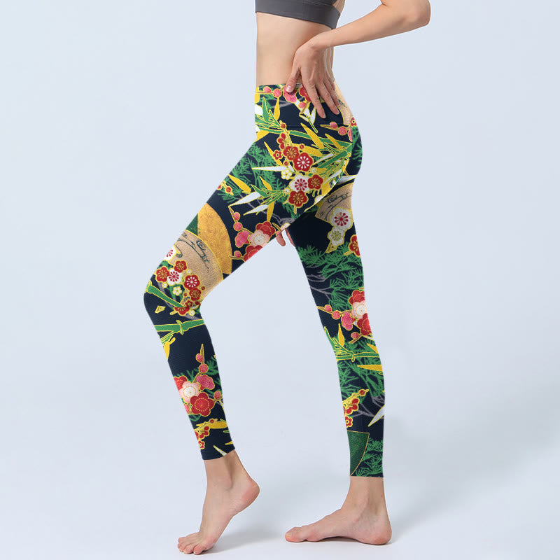 Leggings da palestra con stampa Buddha Stones, fiori rossi, bambù giallo-verde, pini, pantaloni da yoga da donna - image 2