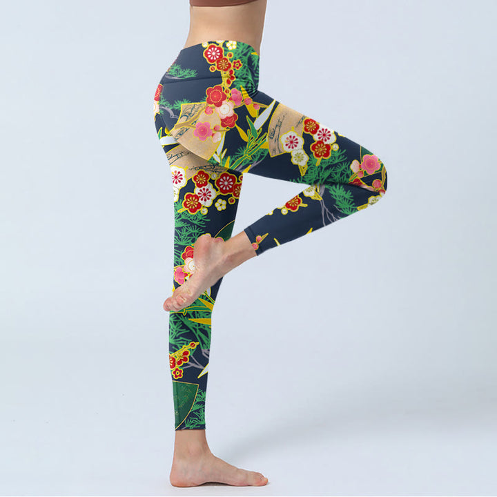 Leggings da palestra con stampa Buddha Stones, fiori rossi, bambù giallo-verde, pini, pantaloni da yoga da donna - image 3