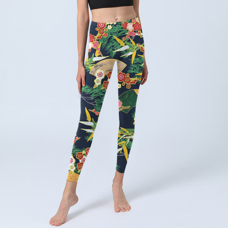 Leggings da palestra con stampa Buddha Stones, fiori rossi, bambù giallo-verde, pini, pantaloni da yoga da donna - image 6