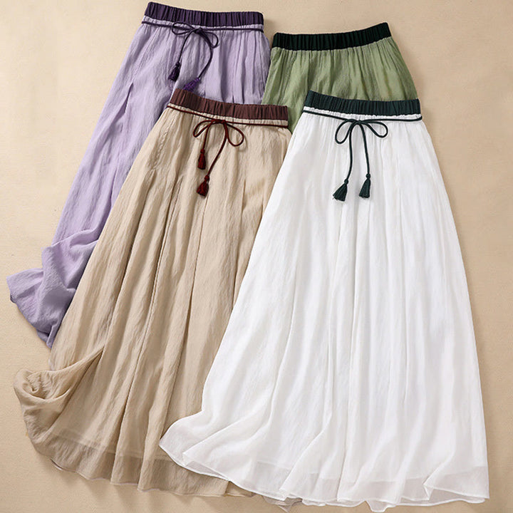Gonna da donna in cotone e lino, lunghezza 7-8, con lacci, casual e a pieghe, in contrasto di colore, Buddha Stones - image 34