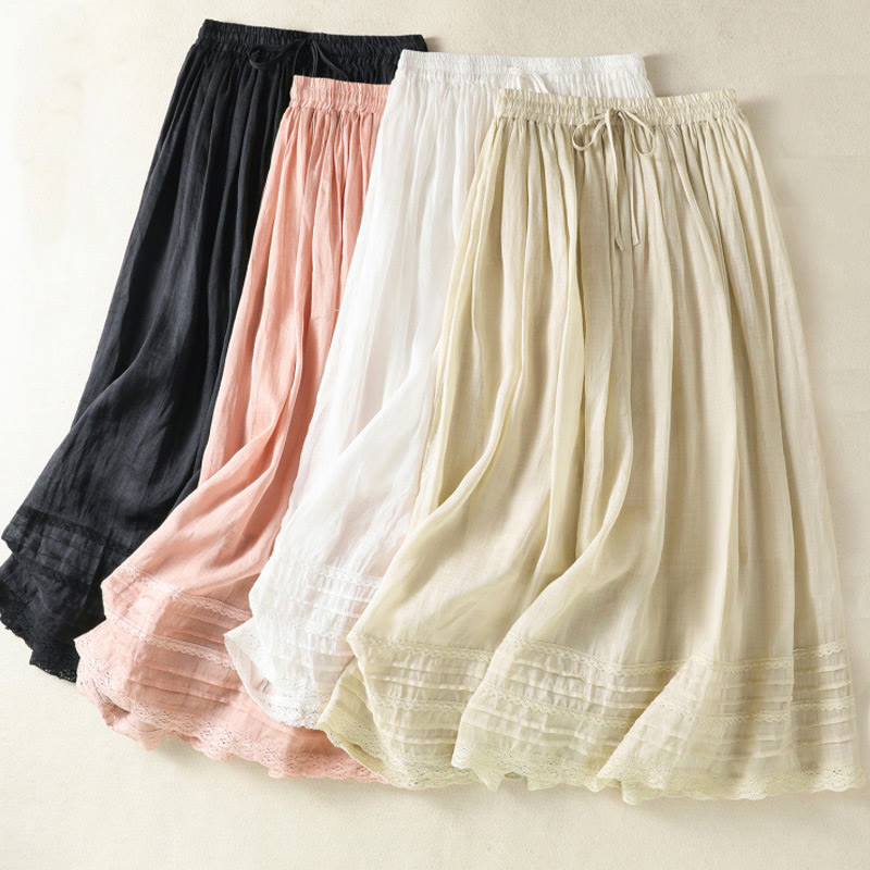 Gonna da donna in cotone e lino, lunghezza 7-8, con coulisse, in pizzo e Buddha Stones, modello patchwork estivo