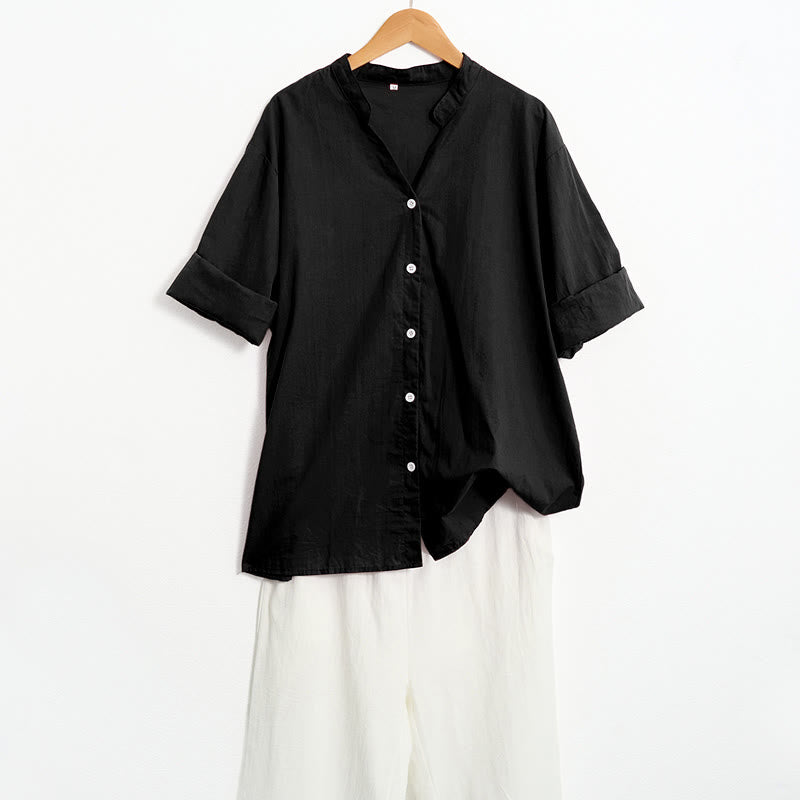 Camicia da donna in cotone e lino, a maniche corte, con colletto a punta e petto semplice, stile casual estivo Buddha Stones - image 11