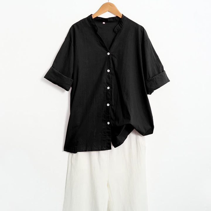 Camicia da donna in cotone e lino, a maniche corte, con colletto a punta e petto semplice, stile casual estivo Buddha Stones - image 11