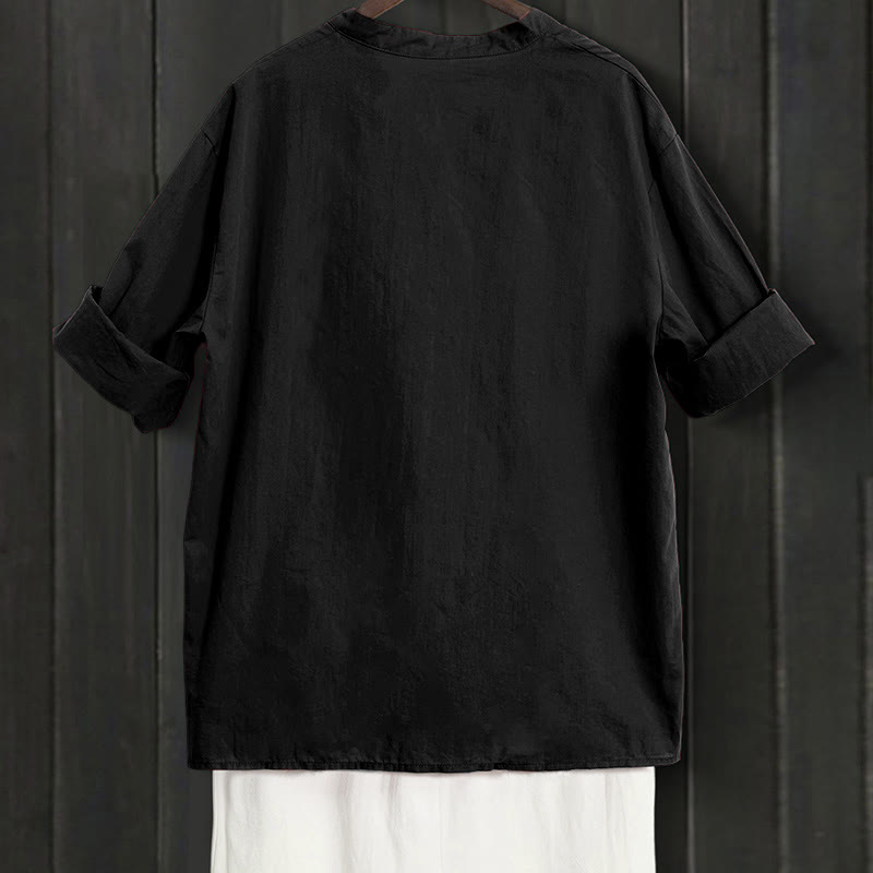 Camicia da donna in cotone e lino, a maniche corte, con colletto a punta e petto semplice, stile casual estivo Buddha Stones - image 7