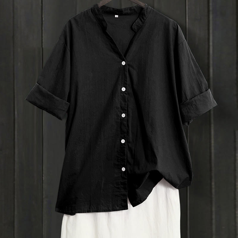 Camicia da donna in cotone e lino, a maniche corte, con colletto a punta e petto semplice, stile casual estivo Buddha Stones - Nero - US20, UK/AU24, EU52 (5XL) - image 6