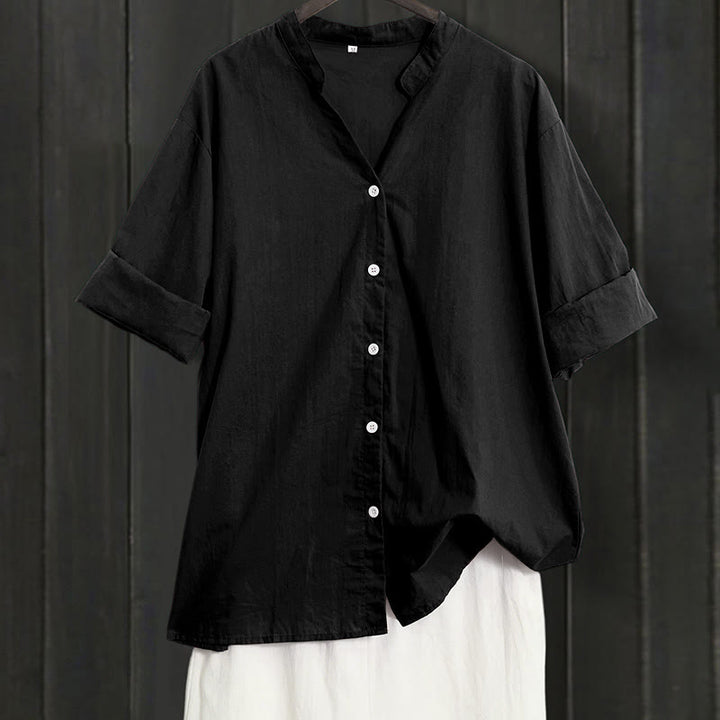 Camicia da donna in cotone e lino, a maniche corte, con colletto a punta e petto semplice, stile casual estivo Buddha Stones - Nero - US20, UK/AU24, EU52 (5XL) - image 6