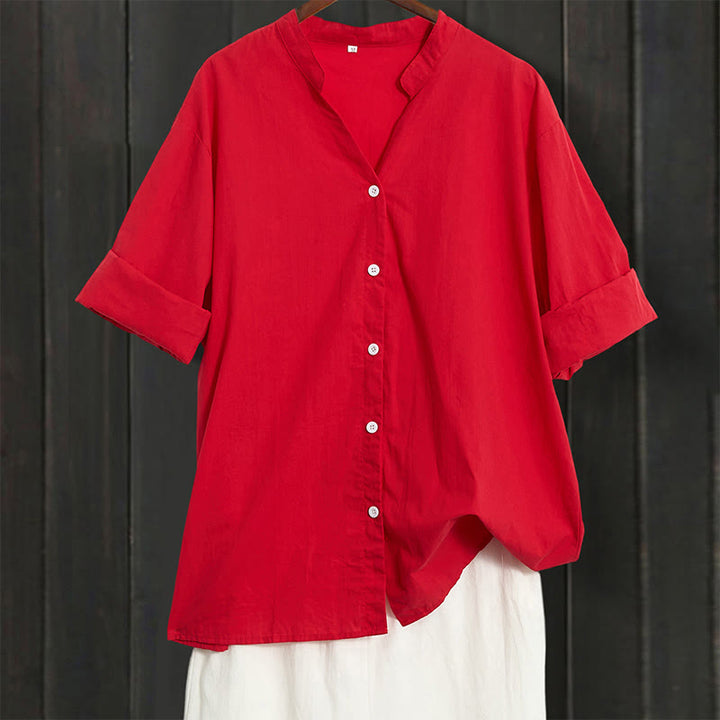 Camicia da donna in cotone e lino, a maniche corte, con colletto a punta e petto semplice, stile casual estivo Buddha Stones - Cremisi - US20, UK/AU24, EU52 (5XL) - image 12