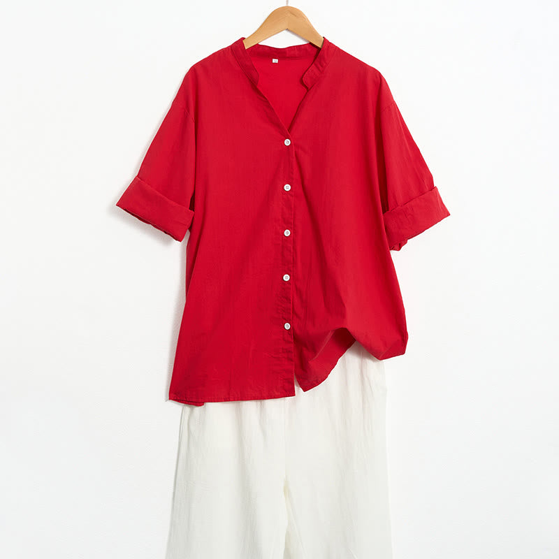 Camicia da donna in cotone e lino, a maniche corte, con colletto a punta e petto semplice, stile casual estivo Buddha Stones - image 17